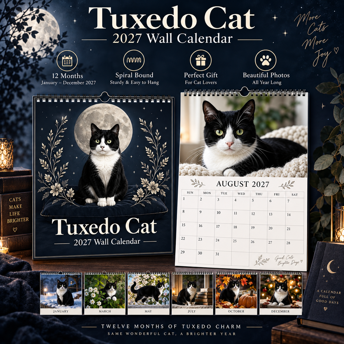 Tuxedo Cat 2027 Wall Calendar – 12‑Month Mystical Black & White Cat Art Calendar, Spiral Hanging Wall Planner for Cat Lovers & Mystical‑Theme Enthusiasts