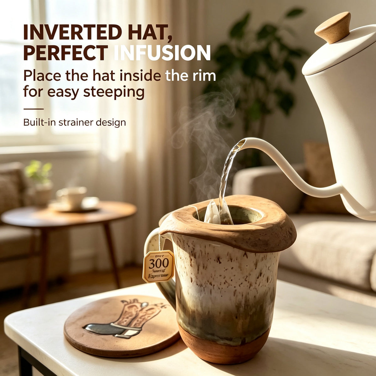 🤠 Cowboy Hat Ceramic Tea Mug Set | Western Handmade Cup with Hat Tea Strainer & Cowboy Boot Coaster, Rustic Farmhouse Gift