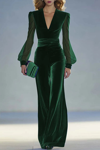 Solid Color Velvet V-neck Long-sleeved Elegant Fitted Jumpsuit