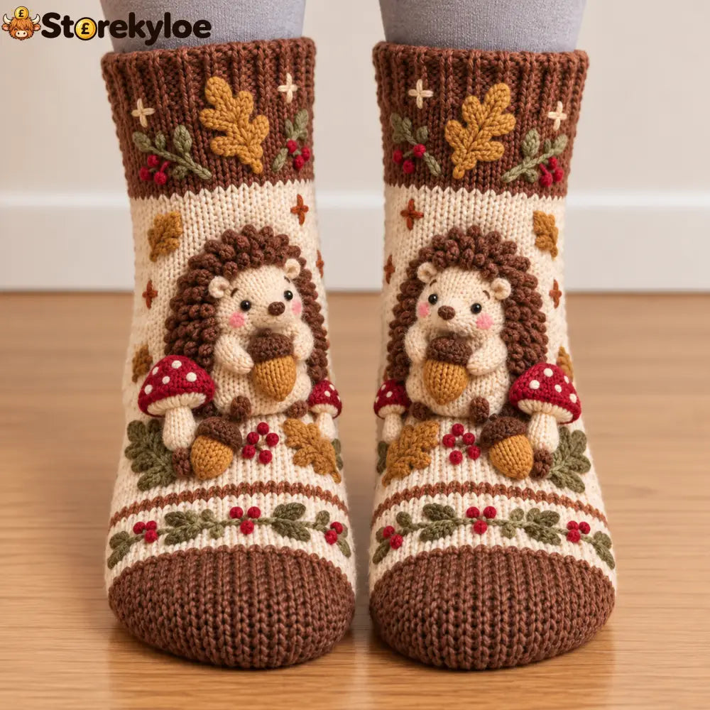 🧦🍂3D Knit Fall Cottage Cozy Socks 🧦🍂 - Hedgehog