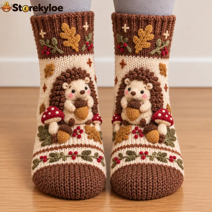 🧦🍂3D Knit Fall Cottage Cozy Socks 🧦🍂 - Hedgehog
