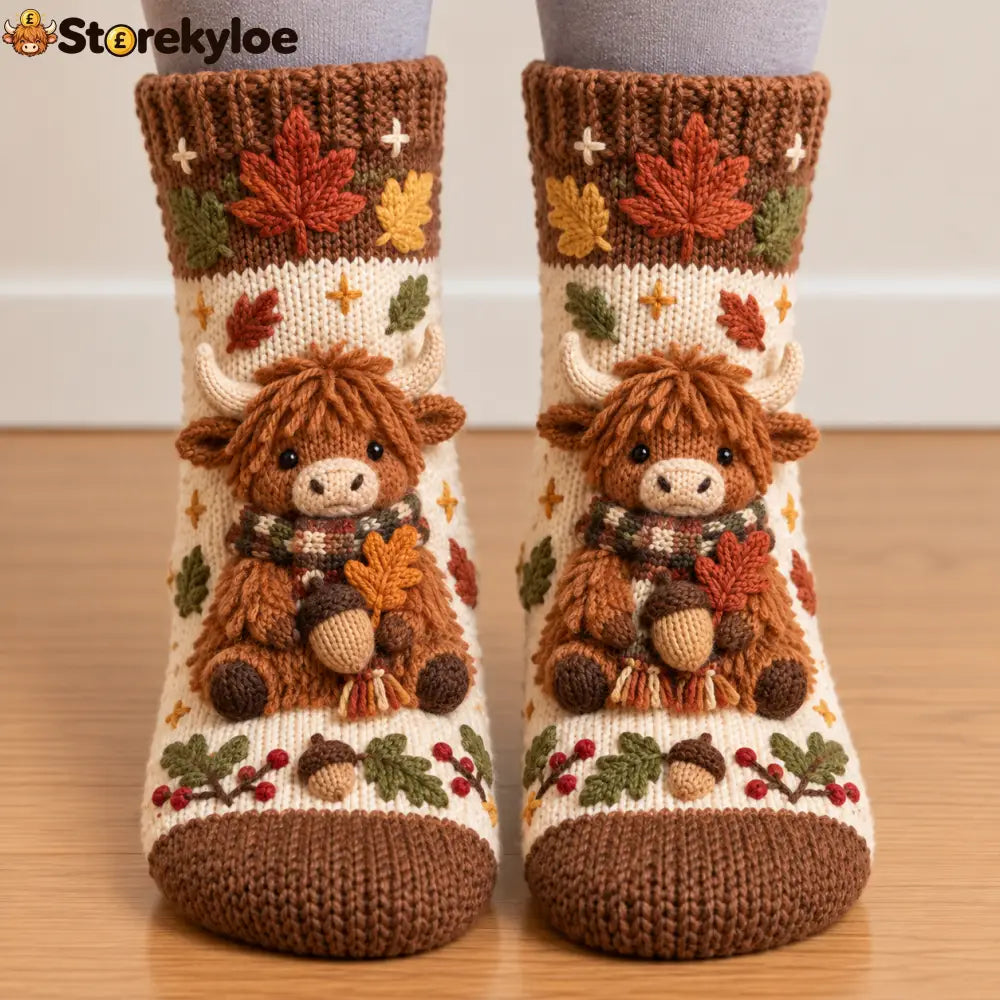 🧦🍂3D Knit Fall Cottage Cozy Socks 🧦🍂 - Highland cattle