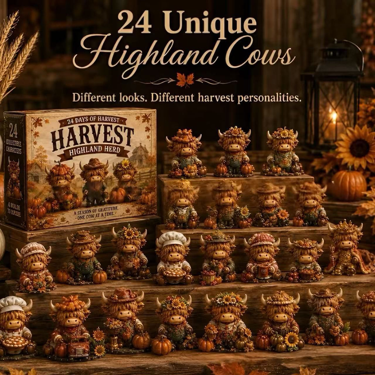 CHRISTMAS KICKOFF 49% OFF - 2026 Harvest Highland Herd Advent Calendar - Fall 24‑Day Countdown, Harvest Highland Cow Collectible Miniatures Blind Box - Gift For Farm‑Theme Lovers