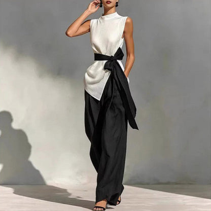 Women'S Lace-Up Sleeveless Contrasting Color Suit Top + Wide Leg Pants Two-Piece Set