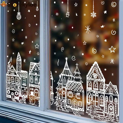 🎄48% OFF NOW! Christmas Village Window Cling Set‑ White Xmas Town Scene Static Window Decals Snowflake House Reusable