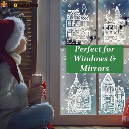 🎄48% OFF NOW! Christmas Village Window Cling Set‑ White Xmas Town Scene Static Window Decals Snowflake House Reusable
