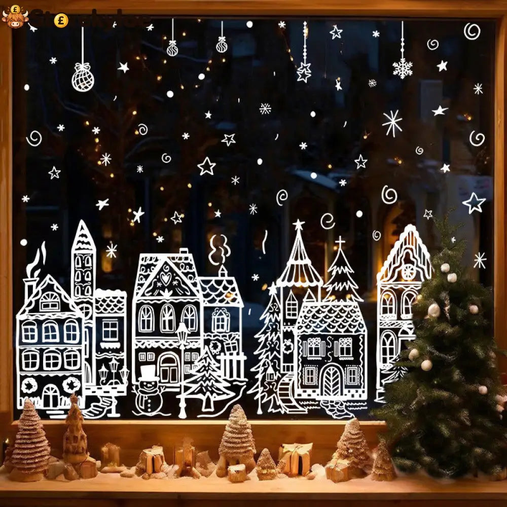 🎄48% OFF NOW! Christmas Village Window Cling Set‑ White Xmas Town Scene Static Window Decals Snowflake House Reusable