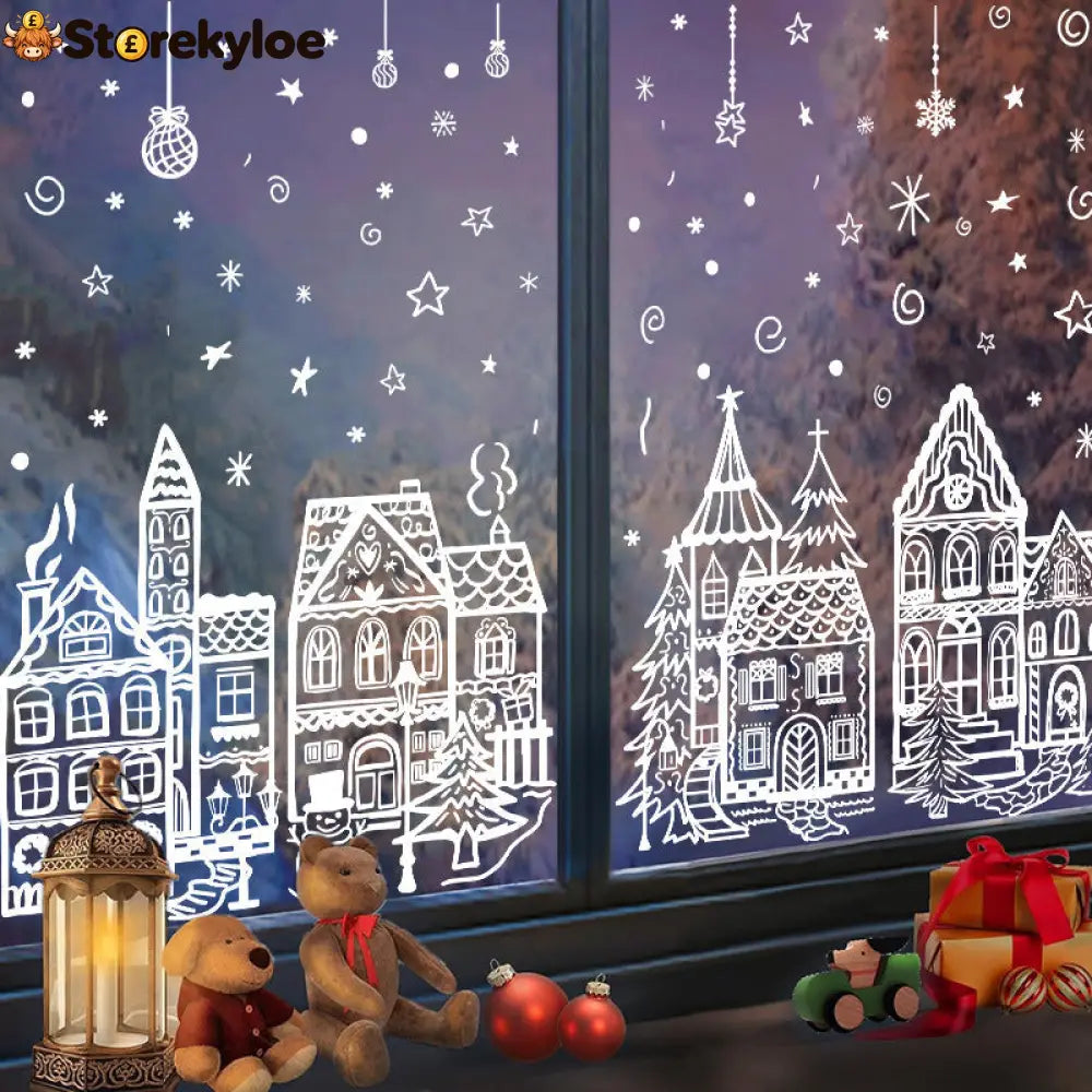 🎄48% OFF NOW! Christmas Village Window Cling Set‑ White Xmas Town Scene Static Window Decals Snowflake House Reusable