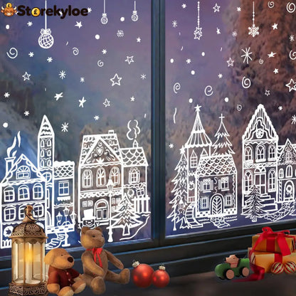🎄48% OFF NOW! Christmas Village Window Cling Set‑ White Xmas Town Scene Static Window Decals Snowflake House Reusable