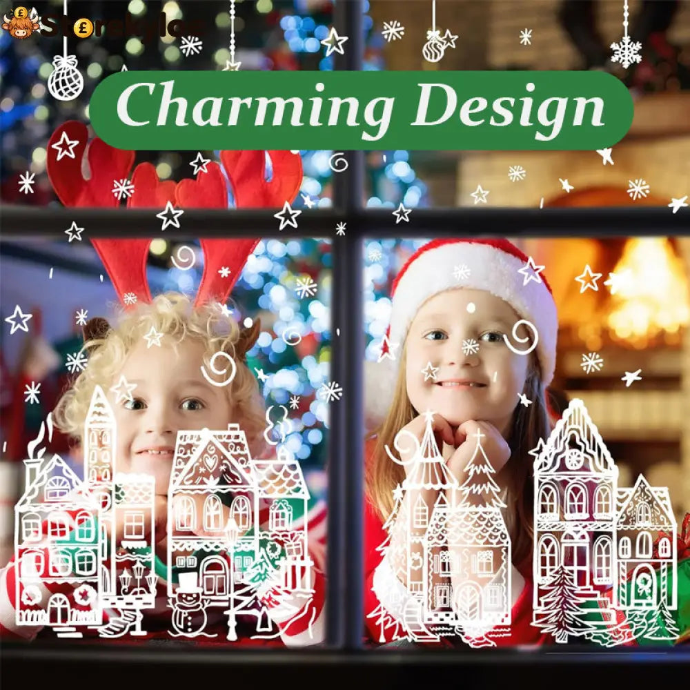 🎄48% OFF NOW! Christmas Village Window Cling Set‑ White Xmas Town Scene Static Window Decals Snowflake House Reusable