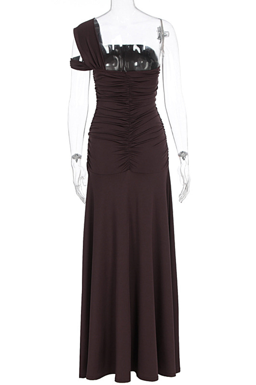 One Shoulder Ruched High Slit Slim Fit Solid Color Party Maxi Dresses-Brown