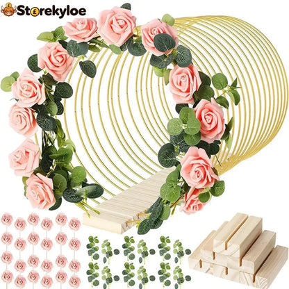 🌸 50% OFF! ✨ Gold-Tone Decorative Hoop with Wooden Stand – Customizable Table Centerpiece with LED String Reusable