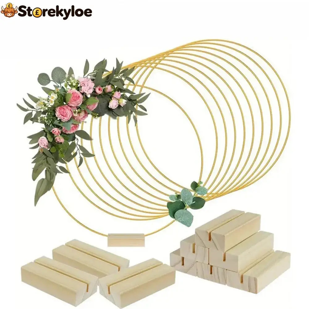 🌸 50% OFF! ✨ Gold-Tone Decorative Hoop with Wooden Stand – Customizable Table Centerpiece with LED String Reusable