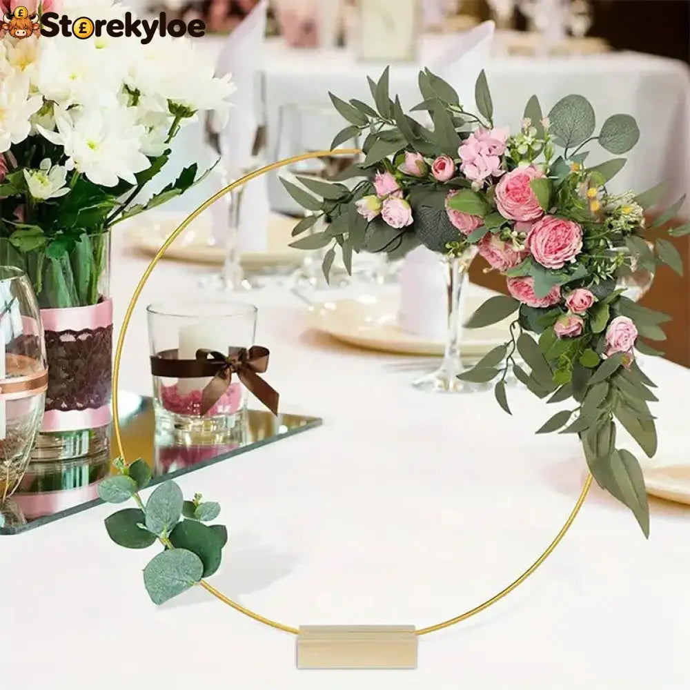 🌸 50% OFF! ✨ Gold-Tone Decorative Hoop with Wooden Stand – Customizable Table Centerpiece with LED String Reusable