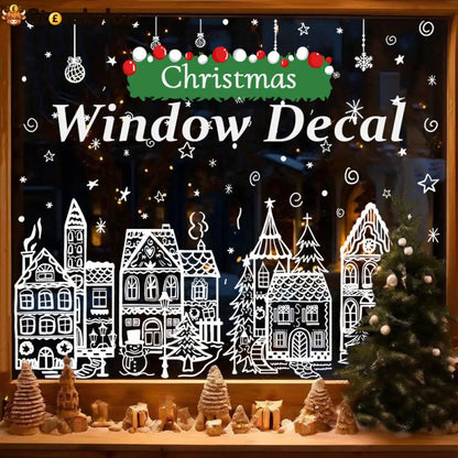 🎄48% OFF NOW! Christmas Village Window Cling Set‑ White Xmas Town Scene Static Window Decals Snowflake House Reusable