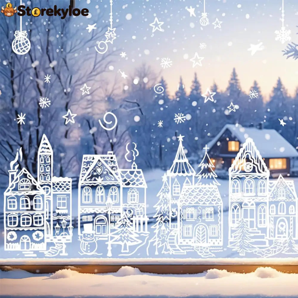 🎄48% OFF NOW! Christmas Village Window Cling Set‑ White Xmas Town Scene Static Window Decals Snowflake House Reusable