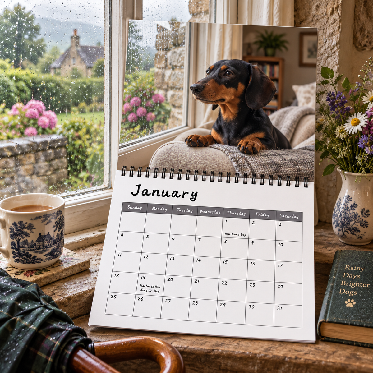 Dachshunds 2027 Wall Calendar – Rainy‑Day Sausage Dog Calendar, Cosy Melancholic British Countryside Dachshund Art for Dog Lovers