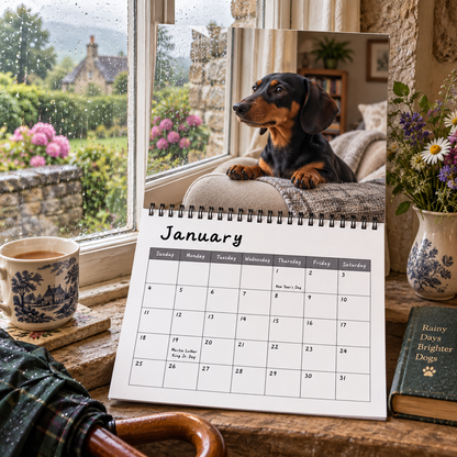 Dachshunds 2027 Wall Calendar – Rainy‑Day Sausage Dog Calendar, Cosy Melancholic British Countryside Dachshund Art for Dog Lovers