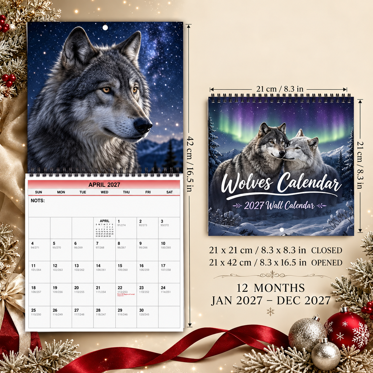 Wolves Calendar 2027 Wall Calendar – Northern Lights Wolf Calendar, Snow Mountain Wildlife Decor, Gift for Wolf Lovers