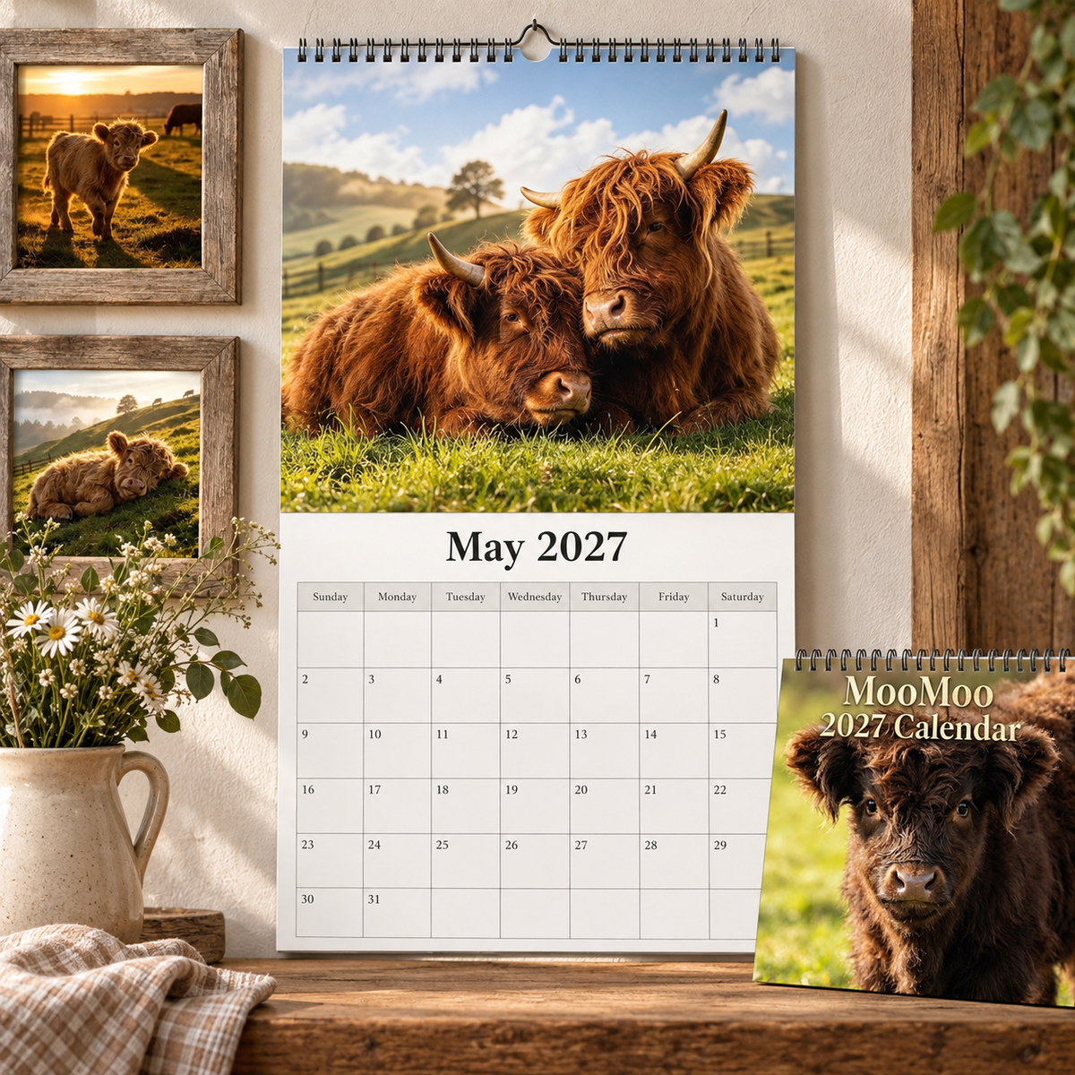 MooMoo 2027 Calendar – Cute Highland Calf Calendar, Adorable Cow & Farm Animal Wall Decor, Gift for Cow Lovers