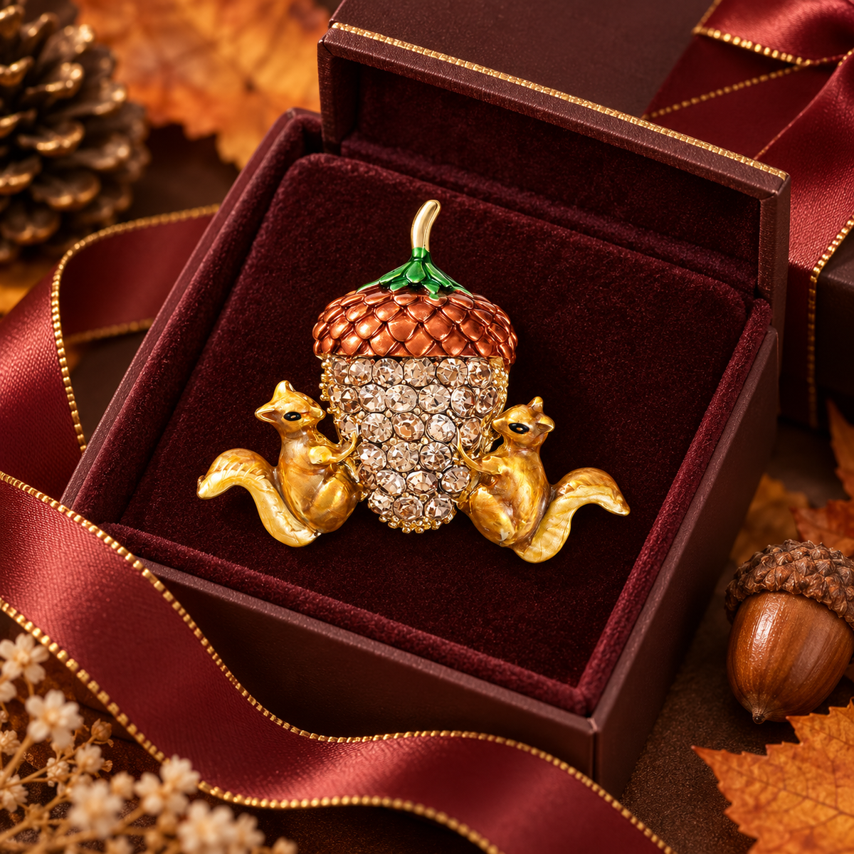 🐿️Cute Twin Squirrels & Rhinestone Acorn Brooch | Fall Season Lapel Pin