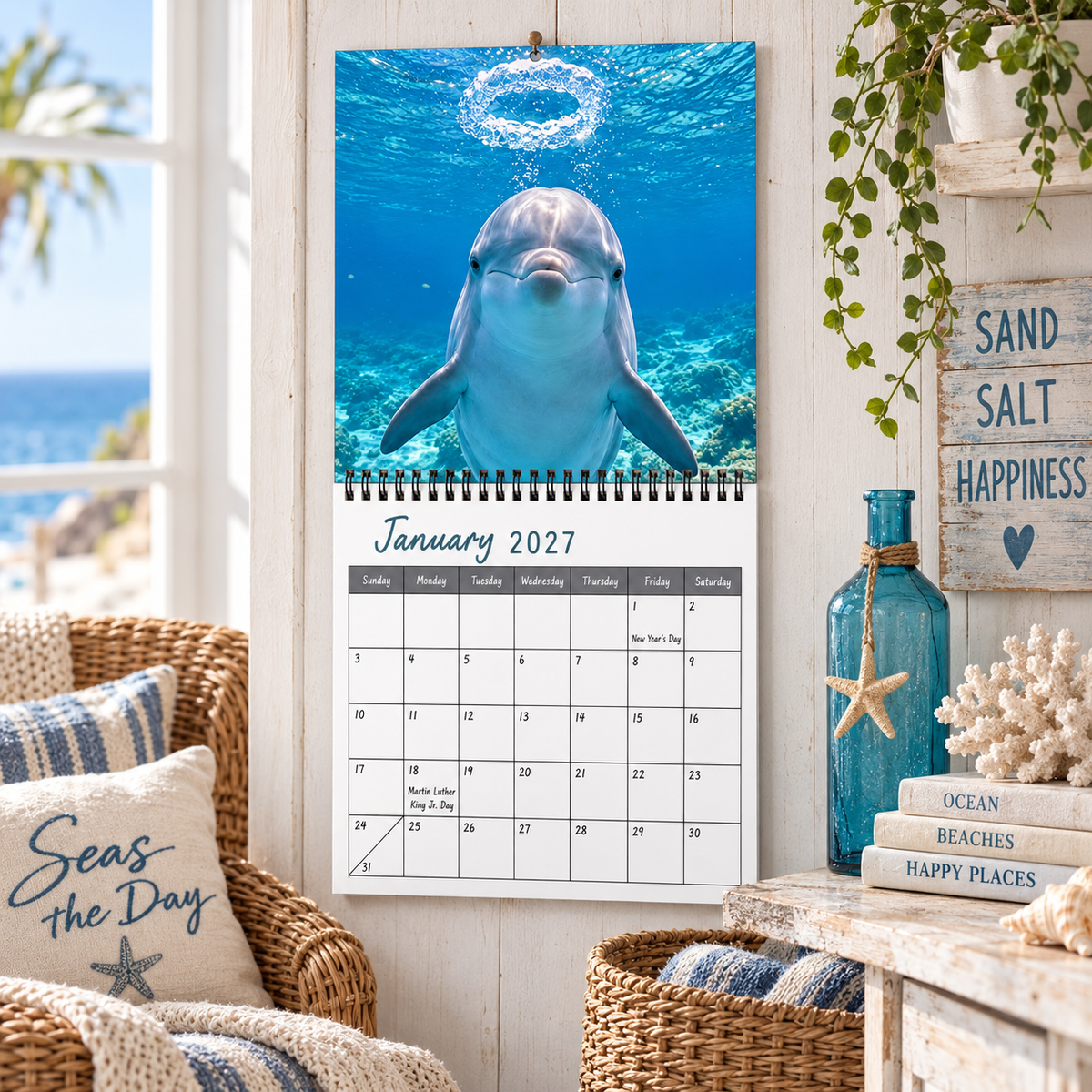 Happy Dolphins 2027 Wall Calendar, Coastal Ocean Marine Life Wall Planner, Bright Sea‑Breeze Home Decor Gift For Ocean & Dolphin Enthusiasts