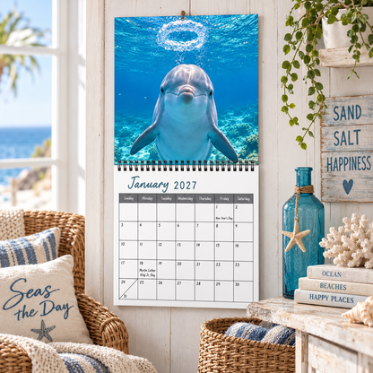 Happy Dolphins 2027 Wall Calendar, Coastal Ocean Marine Life Wall Planner, Bright Sea‑Breeze Home Decor Gift For Ocean & Dolphin Enthusiasts