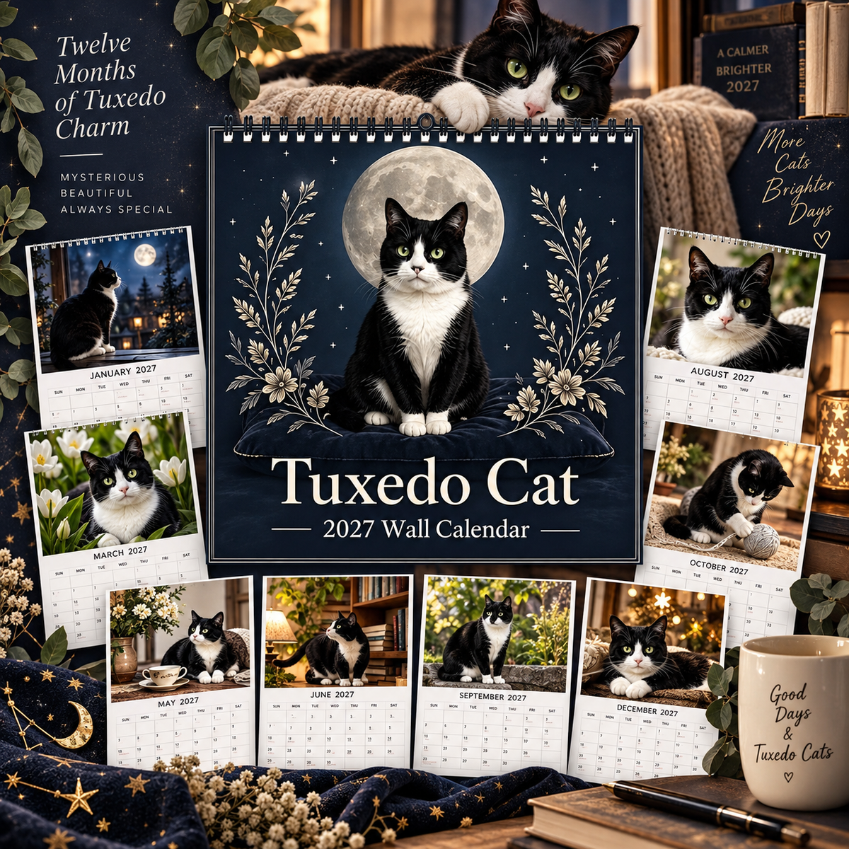 Tuxedo Cat 2027 Wall Calendar – 12‑Month Mystical Black & White Cat Art Calendar, Spiral Hanging Wall Planner for Cat Lovers & Mystical‑Theme Enthusiasts
