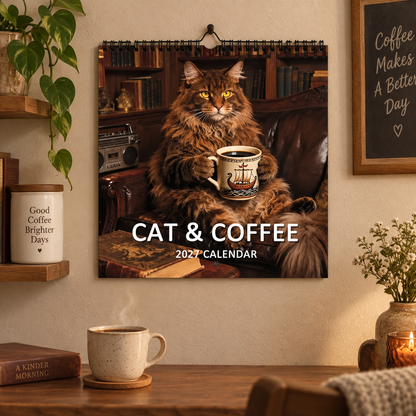 Cat & Coffee 2027 Wall Calendar – Cosy Cute Cat Drinking Coffee Art Calendar, Perfect Gift for Cat & Coffee Lovers