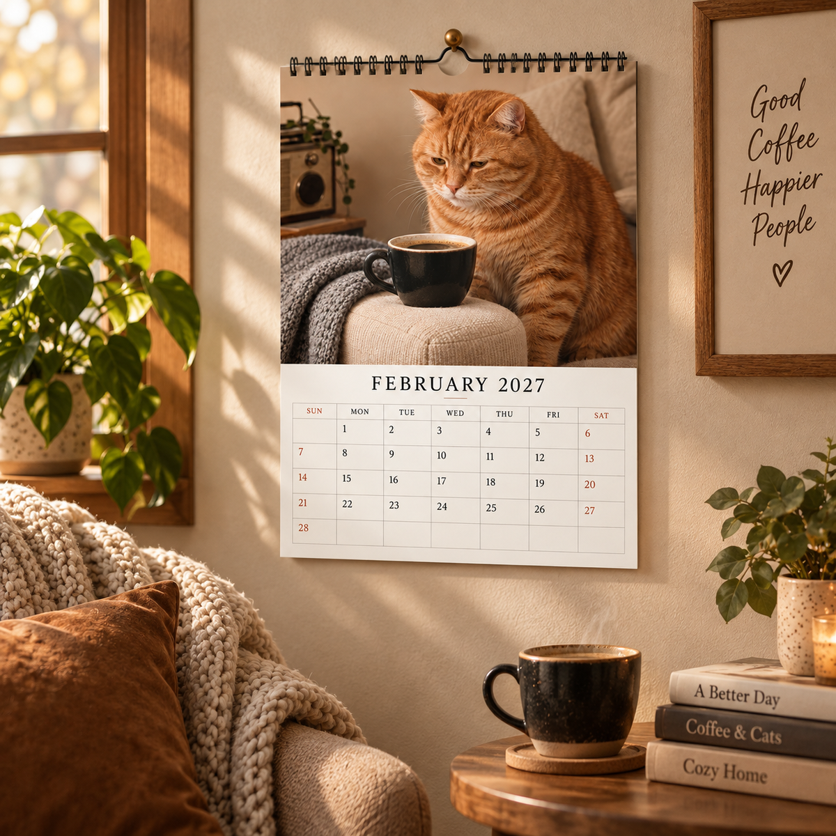 Cat & Coffee 2027 Wall Calendar – Cosy Cute Cat Drinking Coffee Art Calendar, Perfect Gift for Cat & Coffee Lovers