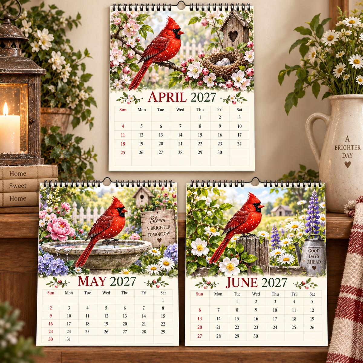 Cardinal 2027 Wall Calendar – 12‑Month Seasonal Art Calendar with Red Cardinals, Countryside Florals & Rustic Farmhouse Charm