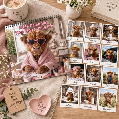 Moo Moo's Daily Life 2027 Wall Calendar – 12-Month Cute Highland Cow Calendar, Fun Cosy Daily Life Hanging Planner for Cow Lovers & Farmhouse Fans