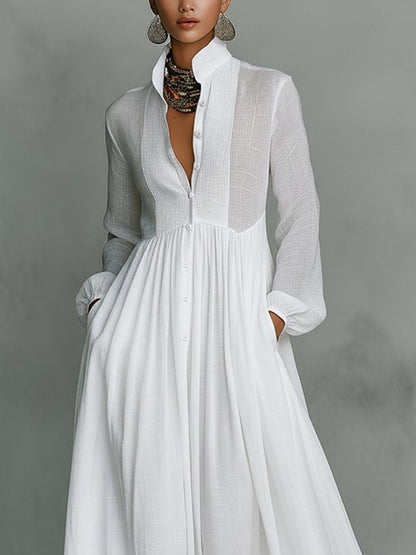 Casual Cotton Linen Maxi Dress High Waist Stand Collar Daily