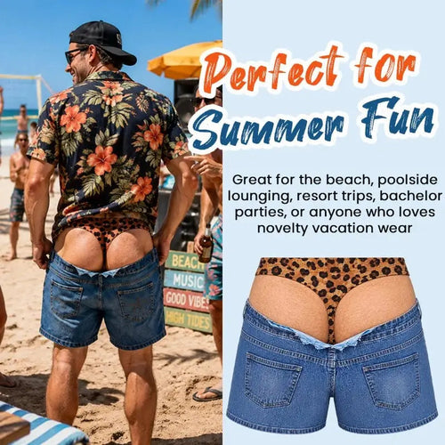 Funny Leopard‐Print Fake Denim Swim Shorts | Novelty Illusion Beach Trunks