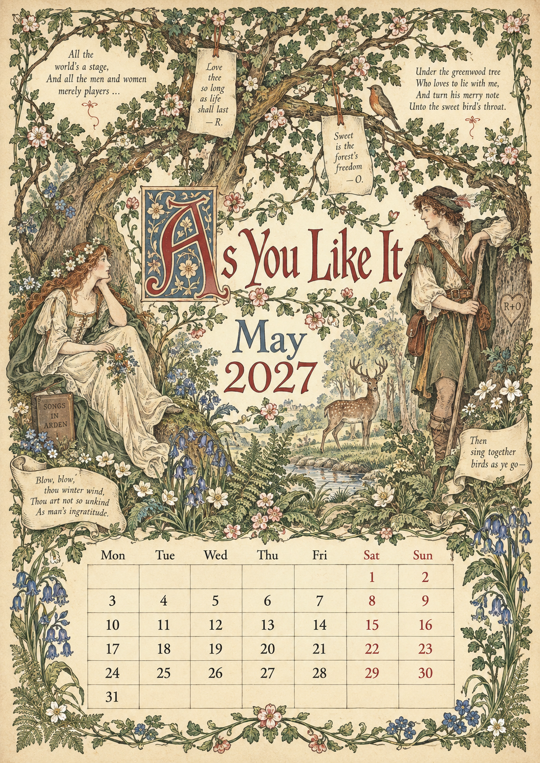 A Shakespearean Year 2027 – 12 Plays Through the Seasons | Vintage Illustrated Wall Calendar