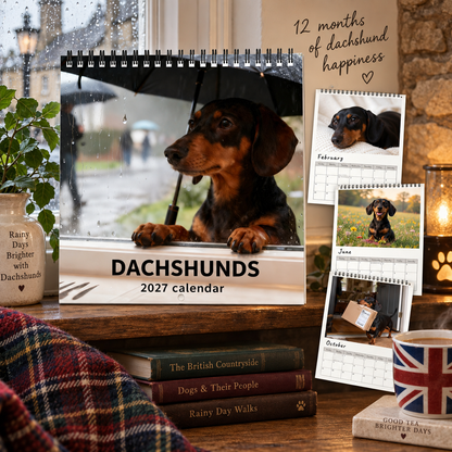 Dachshunds 2027 Wall Calendar – Rainy‑Day Sausage Dog Calendar, Cosy Melancholic British Countryside Dachshund Art for Dog Lovers
