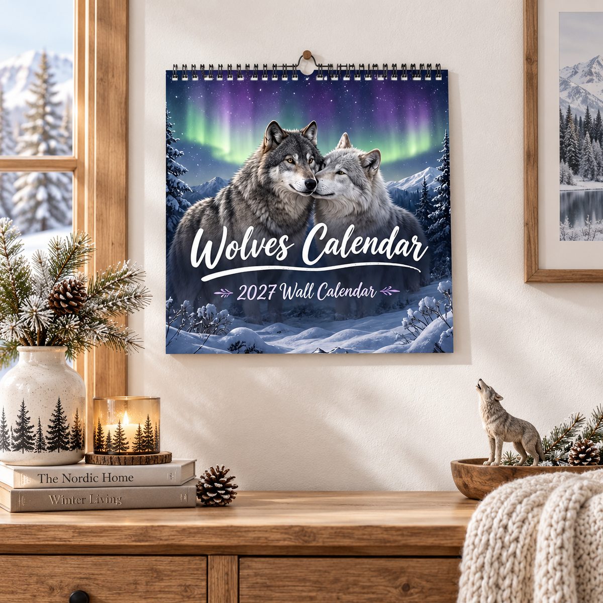 Wolves Calendar 2027 Wall Calendar – Northern Lights Wolf Calendar, Snow Mountain Wildlife Decor, Gift for Wolf Lovers