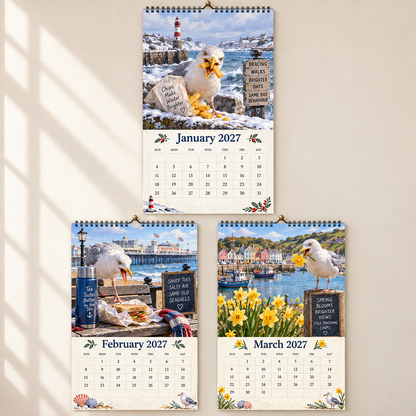 Gulls Behaving Badly 2027 Wall Calendar — Funny British Seaside Seagull Monthly Calendar, Humorous Coastal Art, Sunday‑Start Spiral Hanging Calendar, Fun Novelty Gift