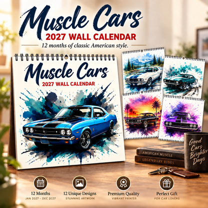 Muscle Cars 2027 Wall Calendar – Vintage Classic Muscle Car Art Calendar, Retro Automobile Enthusiast Gift