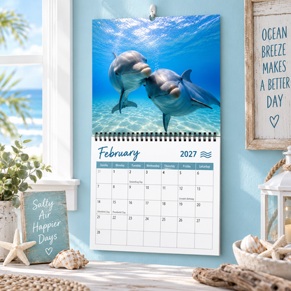 Happy Dolphins 2027 Wall Calendar, Coastal Ocean Marine Life Wall Planner, Bright Sea‑Breeze Home Decor Gift For Ocean & Dolphin Enthusiasts