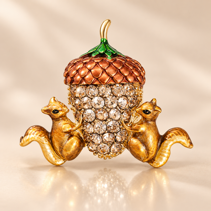 🐿️Cute Twin Squirrels & Rhinestone Acorn Brooch | Fall Season Lapel Pin