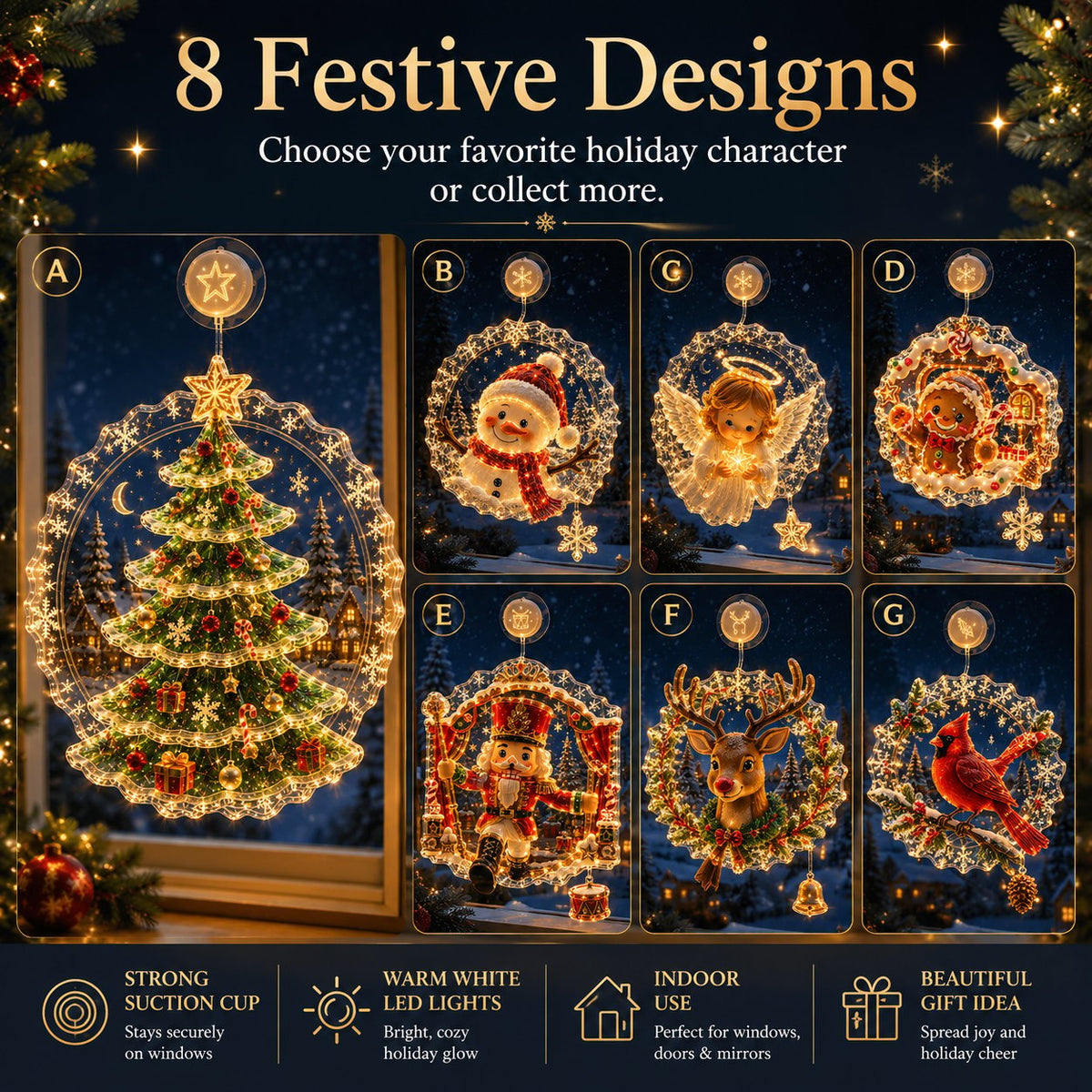 ✨⏳ Last Day 49% OFF – 🎄Lighted Christmas Window Decoration with Suction Cup | Warm LED Window Light with Double-Layer Design & Multiple Festive Styles ✨