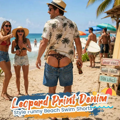 Funny Leopard‐Print Fake Denim Swim Shorts | Novelty Illusion Beach Trunks