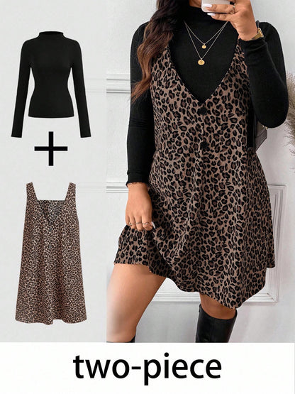Women's High‑Neck Long Sleeve Top & V‑Neck Sleeveless Mini Dress Two‑Piece Set