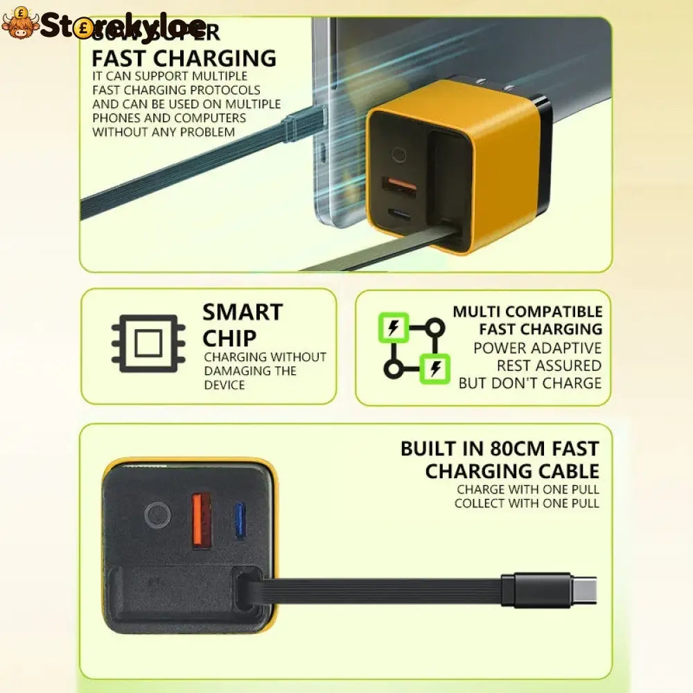 💥65w Fast Charging Phone Charger Block With Retractable 80cm Type-c Cable
