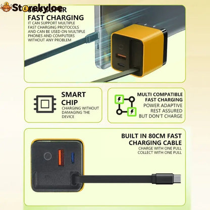 💥65w Fast Charging Phone Charger Block With Retractable 80cm Type-c Cable