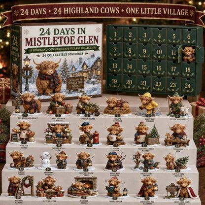 CHRISTMAS KICKOFF 49% OFF - 2026 24 Days in Mistletoe Glen Advent Calendar - 24‑Day Festive Countdown, Highland Cow Christmas Village Collectible Miniatures Blind Box - Gift For Highland Cow Lovers