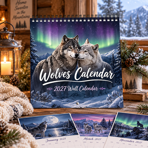 Wolves Calendar 2027 Wall Calendar – Northern Lights Wolf Calendar, Snow Mountain Wildlife Decor, Gift for Wolf Lovers
