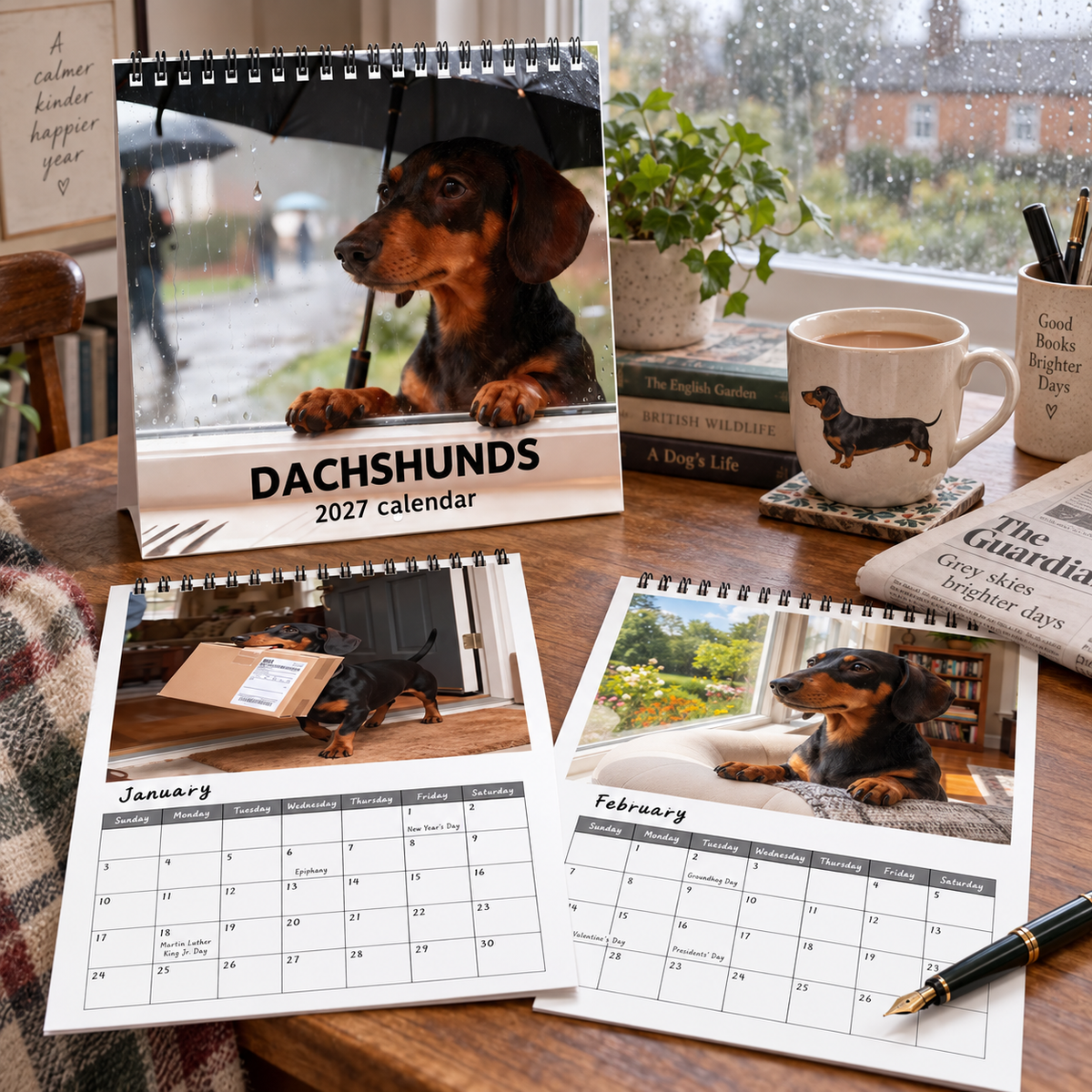 Dachshunds 2027 Wall Calendar – Rainy‑Day Sausage Dog Calendar, Cosy Melancholic British Countryside Dachshund Art for Dog Lovers