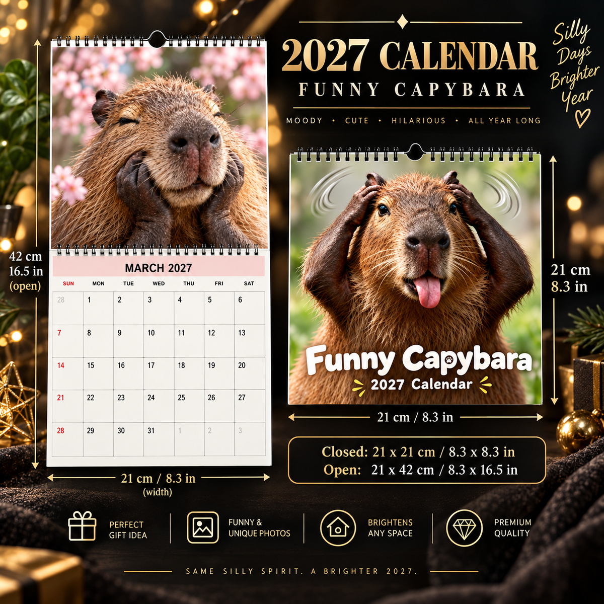 Funny Capybara 2027 Wall Calendar – 12-Month Cute & Playful Capybara Calendar, Spiral Hanging Wall Planner for Capybara Lovers & Nature Fans